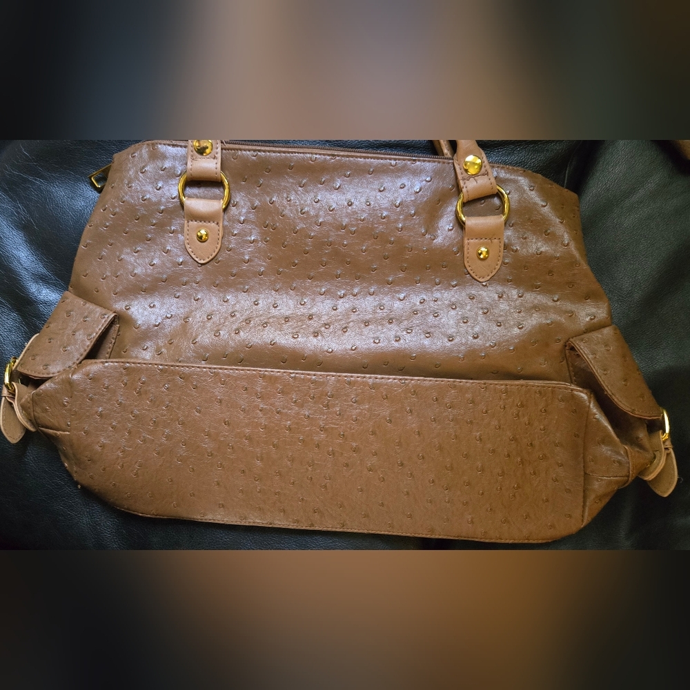 mark. Light Brown Faux Ostrich Medoum Travel Tote with Gold Accents 16"×12"×5" - Picture 4 of 8